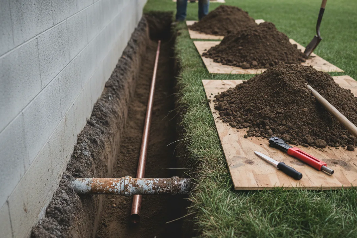 Excavated water line trench during Water Softener Installation in Southmont